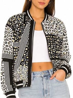 LILI SIDONIO Molly Bracken Leopard Print Bomber Jacket Large Animal Print Zip